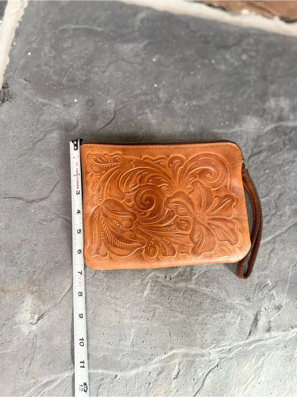 Patricia Nash Cassini Embossed Floral Leather Wristlet in Tan Brown clutch
